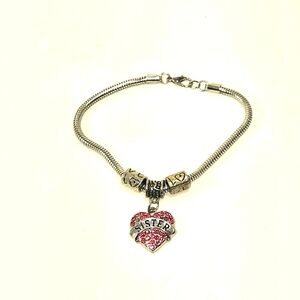 Charm Bracelet 7.5" Pink Rhinestone Sister Heart Silver Love Beads Lobster Clasp